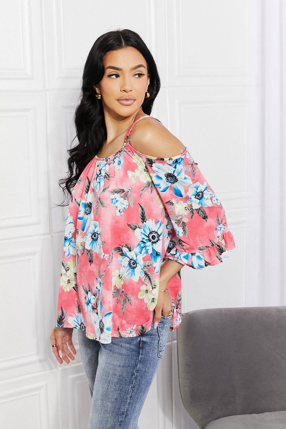 Sew In Love Full Size Fresh Take  Floral Cold-Shoulder Top - EkaVibe