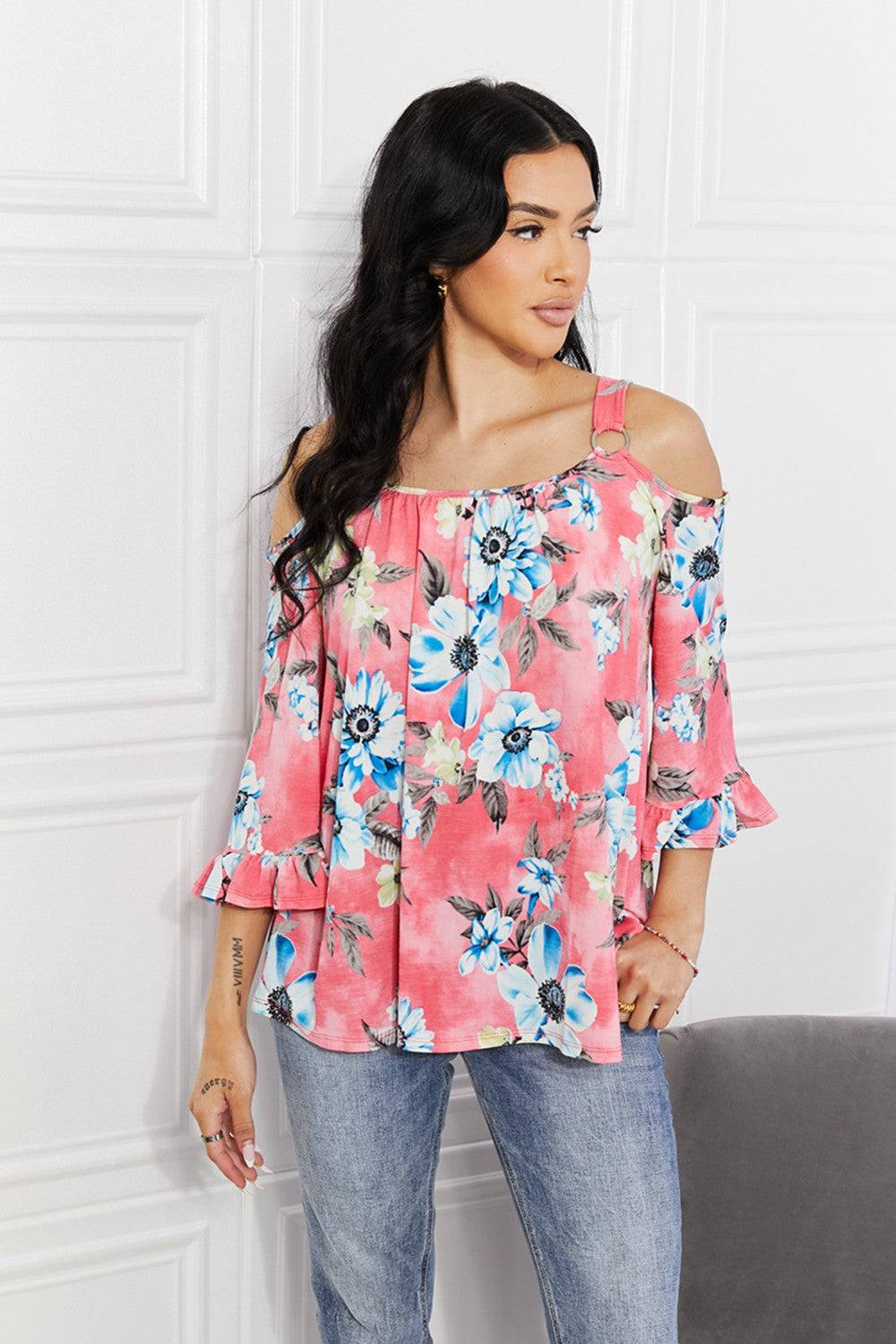 Sew In Love Full Size Fresh Take  Floral Cold-Shoulder Top - EkaVibe