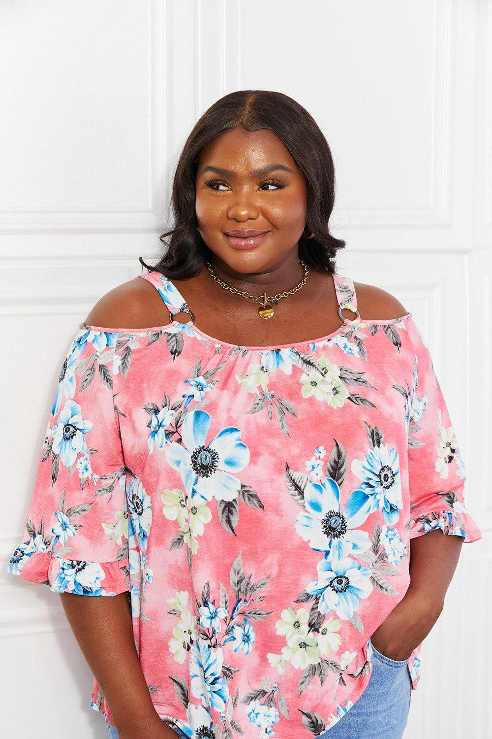 Sew In Love Full Size Fresh Take  Floral Cold-Shoulder Top - EkaVibe