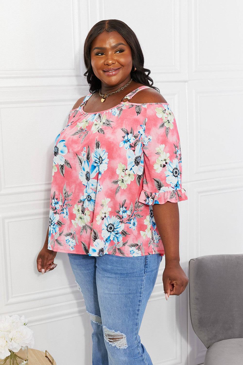 Sew In Love Full Size Fresh Take  Floral Cold-Shoulder Top - EkaVibe