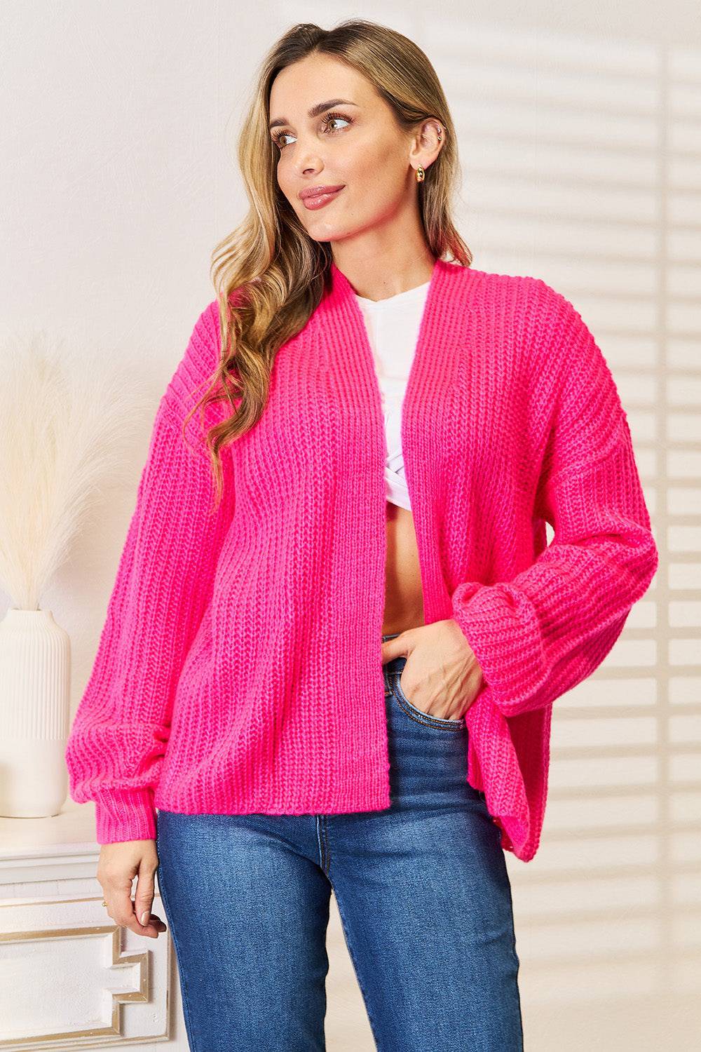 Woven Right Rib-Knit Open Front Drop Shoulder Cardigan - EkaVibe