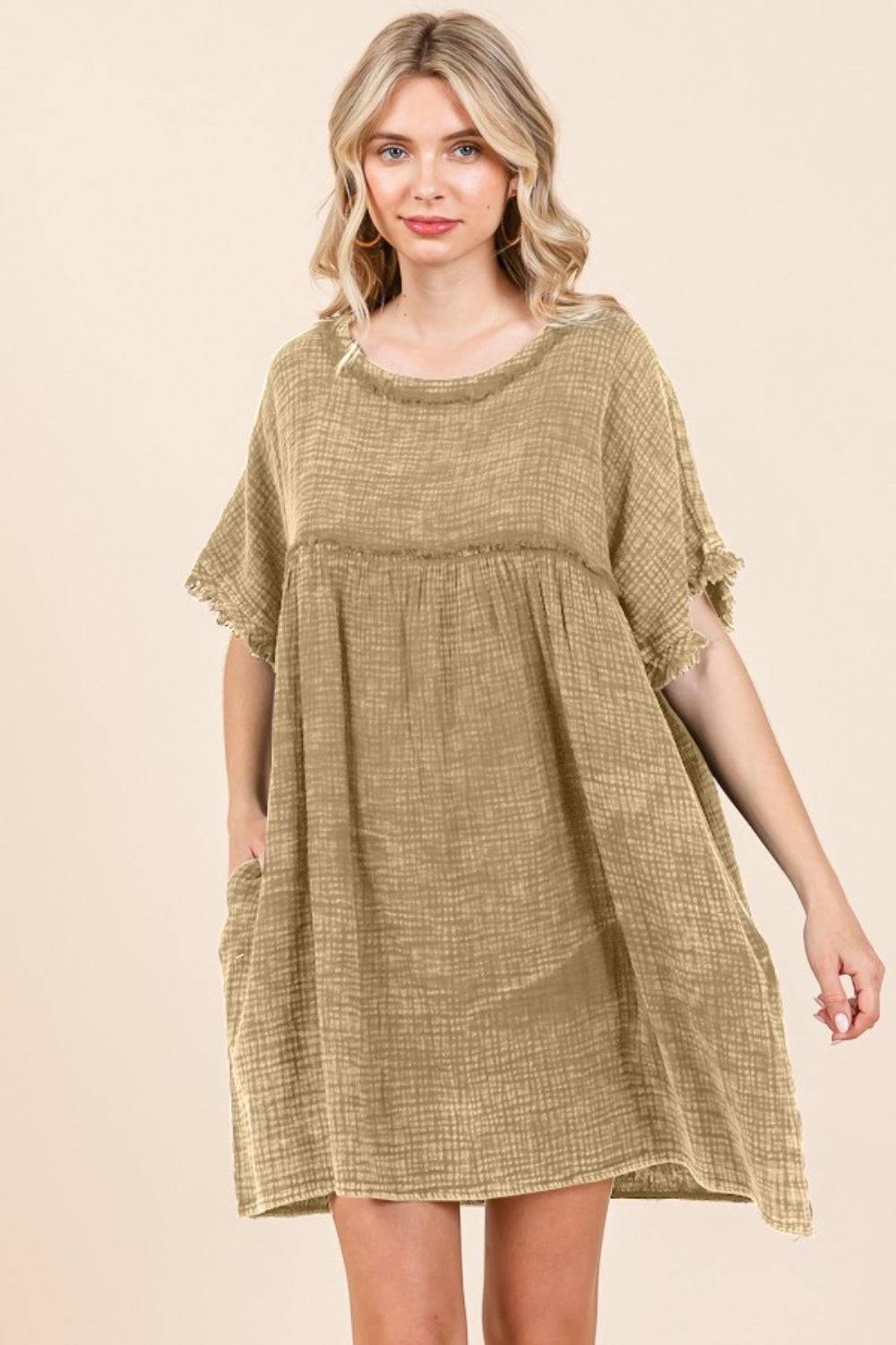 Culture Code Full Size Short Sleeve Babydoll Texture Dress with Pockets - EkaVibe