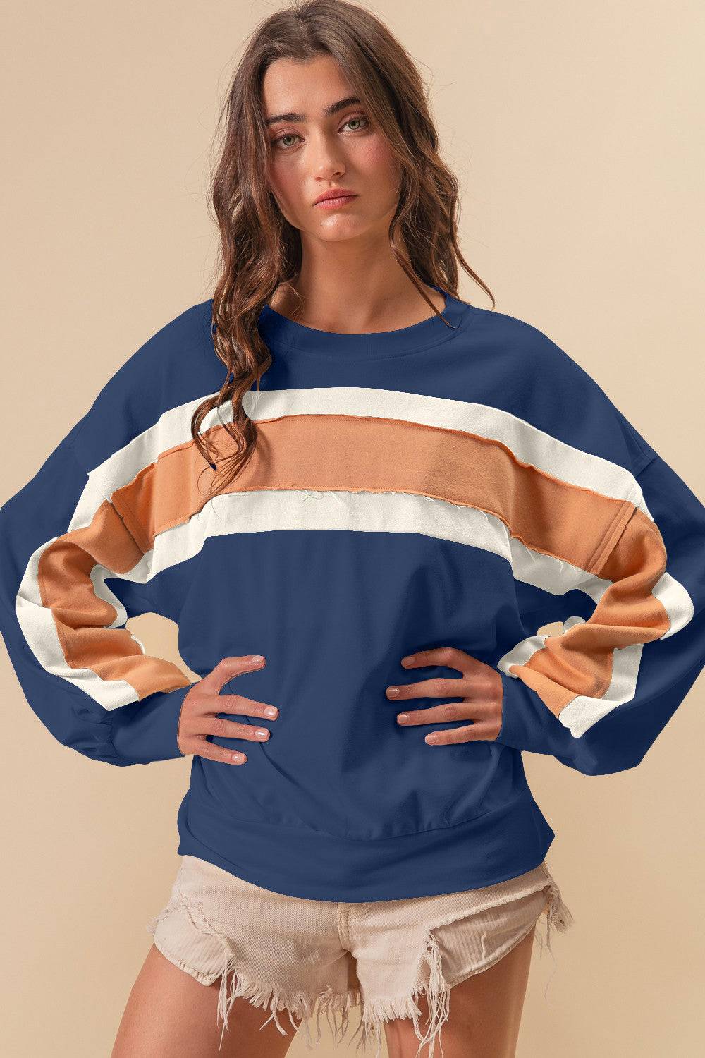 BiBi French Terry Color Block Cut Edge Detail Sweatshirt - EkaVibe