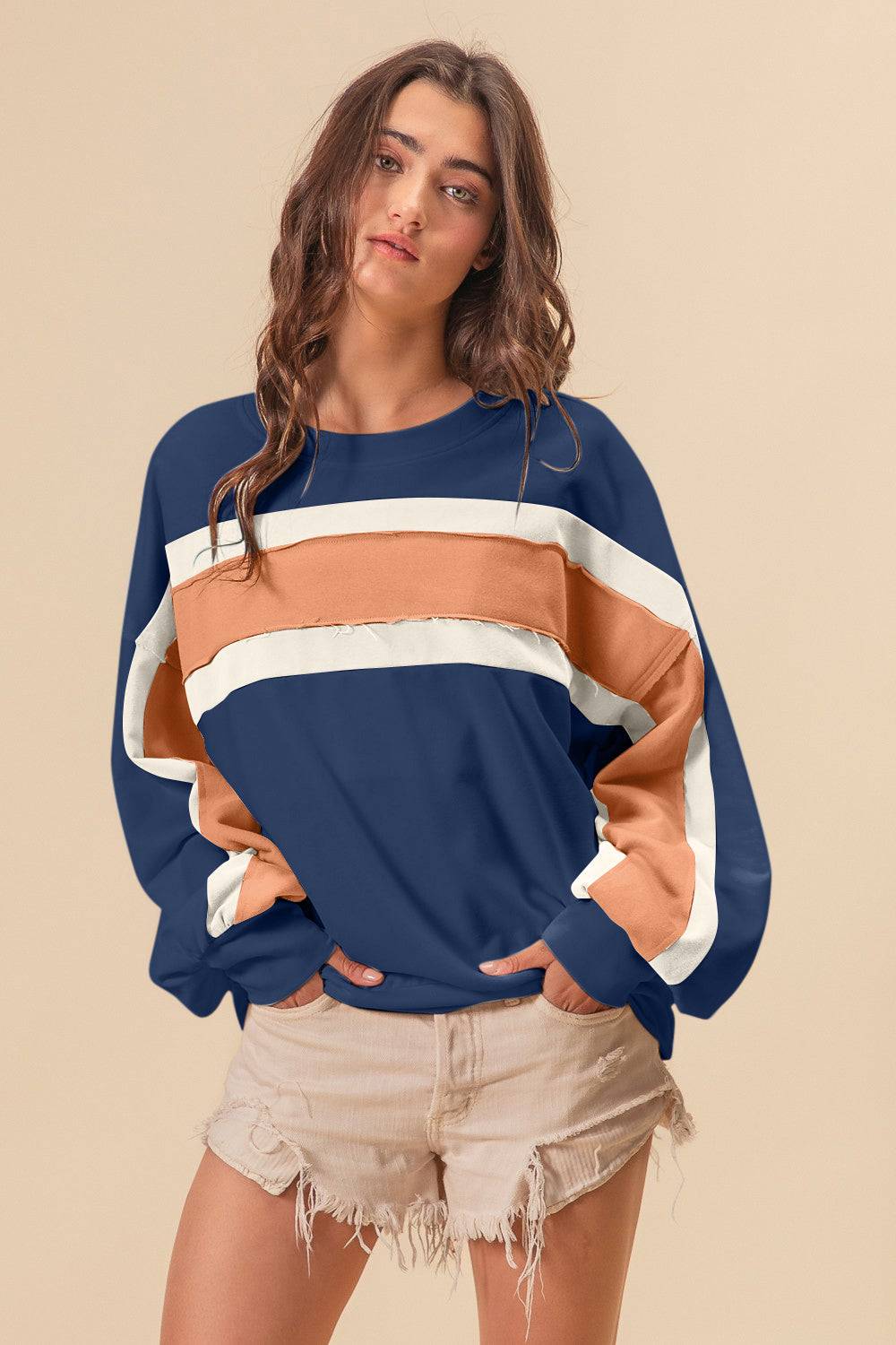 BiBi French Terry Color Block Cut Edge Detail Sweatshirt - EkaVibe