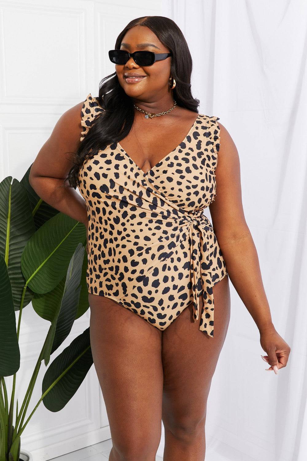 Marina West Swim Full Size Float On Ruffle Faux Wrap One-Piece in Leopard - EkaVibe