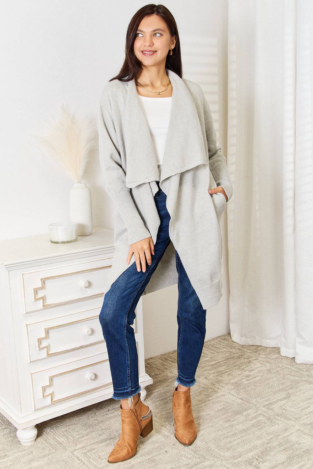 Angel Wings Open Front Duster Cardigan with Pockets - EkaVibe