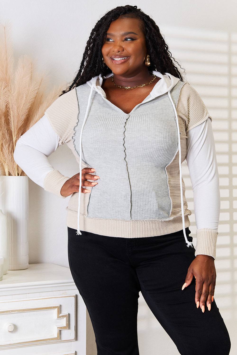 Double Take Color Block Exposed Seam Drawstring Hoodie - EkaVibe