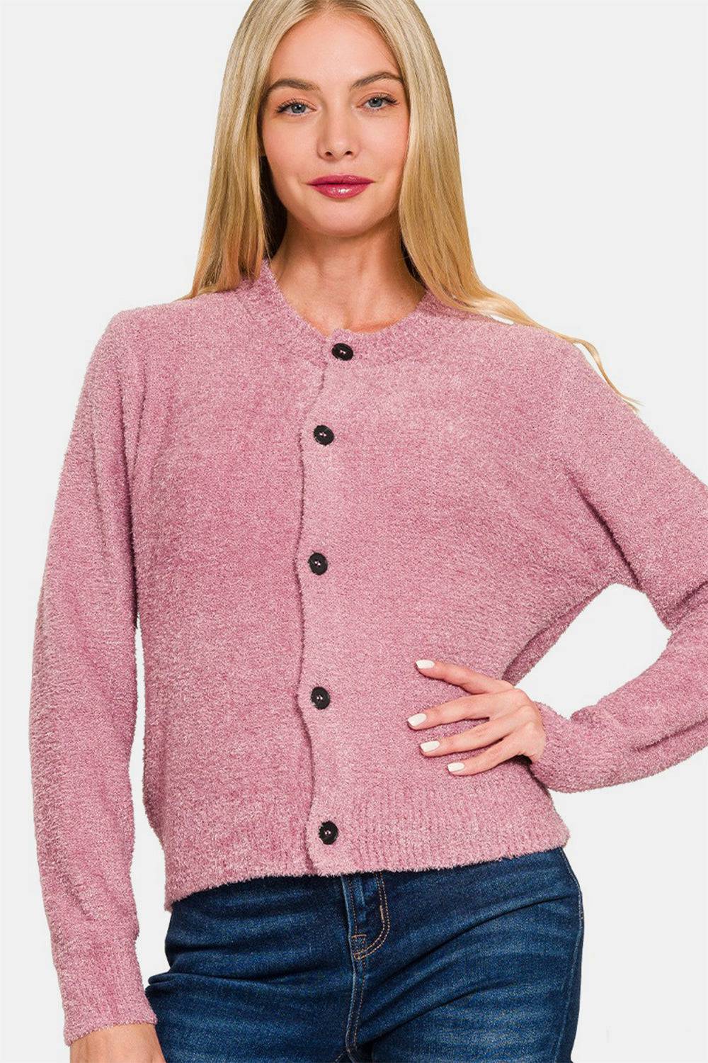 Zenana Button Down Long Sleeve Sweater Cardigan - EkaVibe