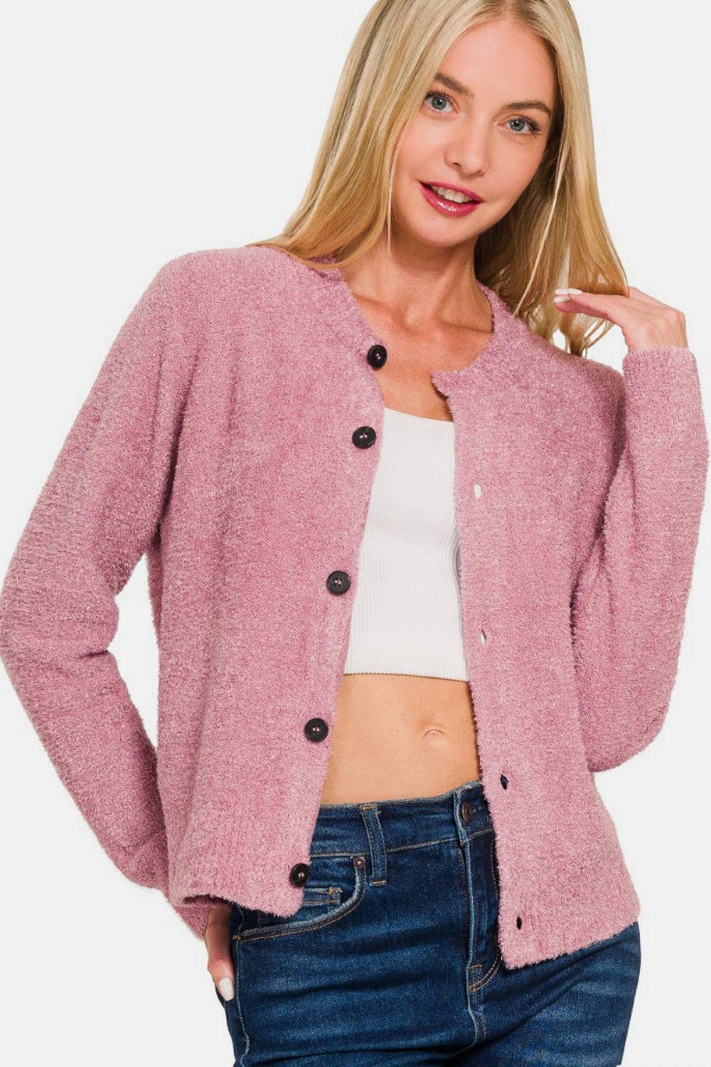 Zenana Button Down Long Sleeve Sweater Cardigan - EkaVibe