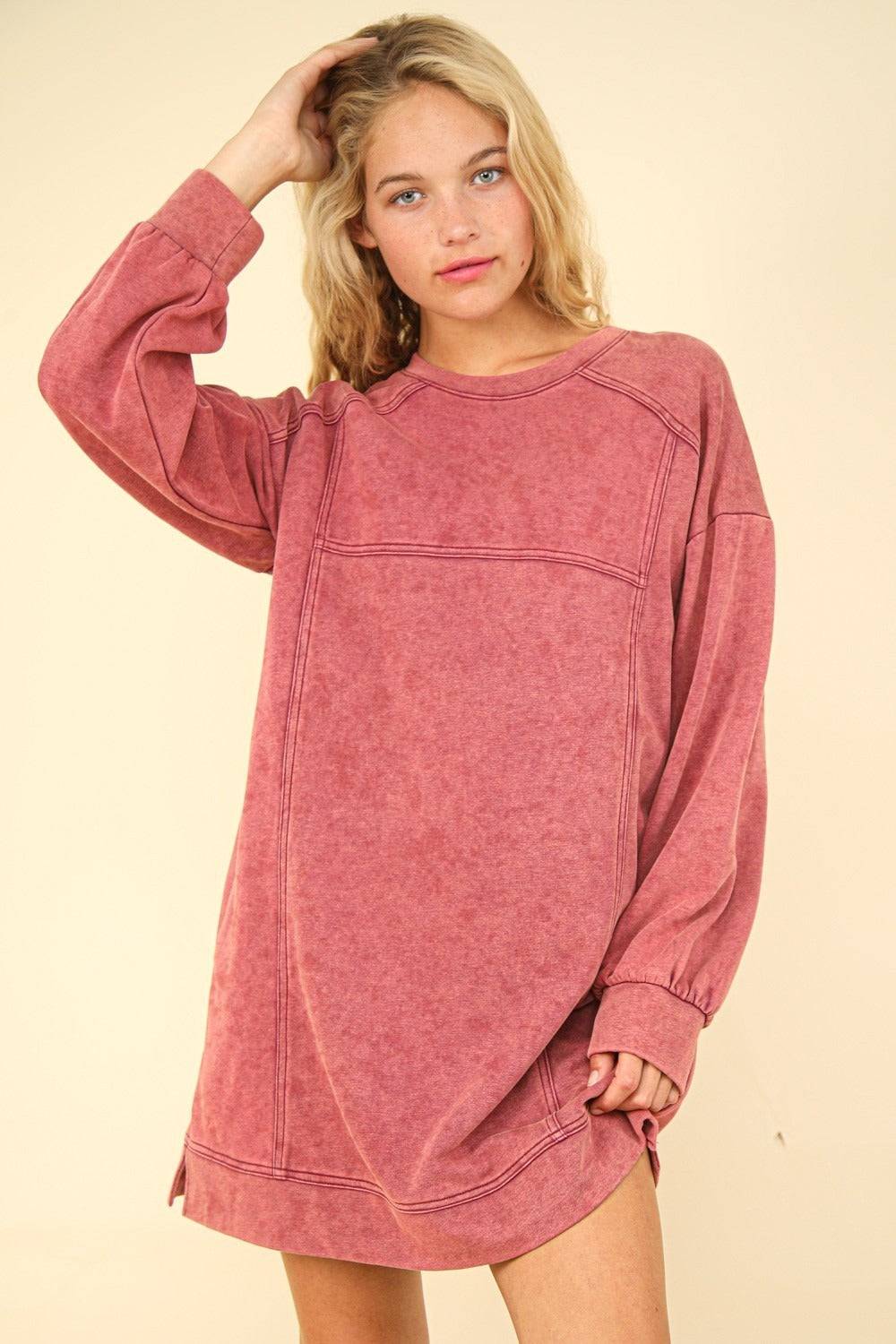 VERY J Mineral Washed Oversized Sweatshirt Mini Dress - EkaVibe