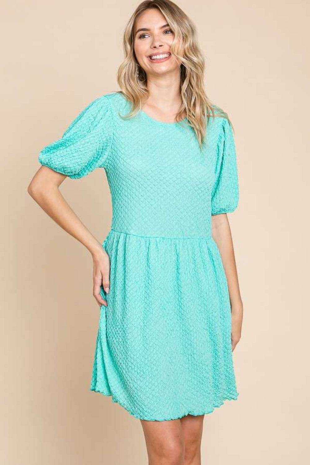 Culture Code Full Size Textured Round Neck Puff Sleeve Dress - EkaVibe