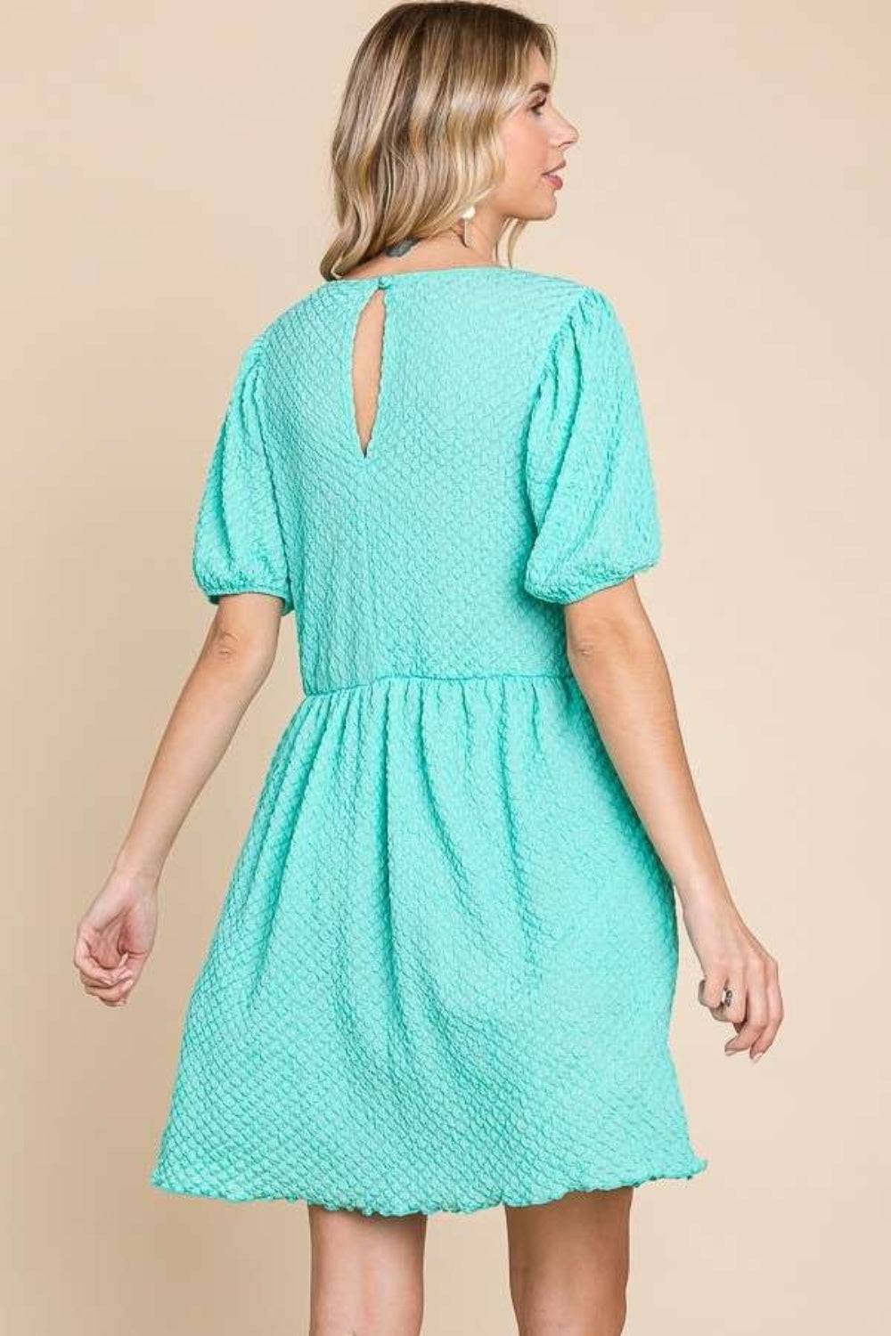 Culture Code Full Size Textured Round Neck Puff Sleeve Dress - EkaVibe