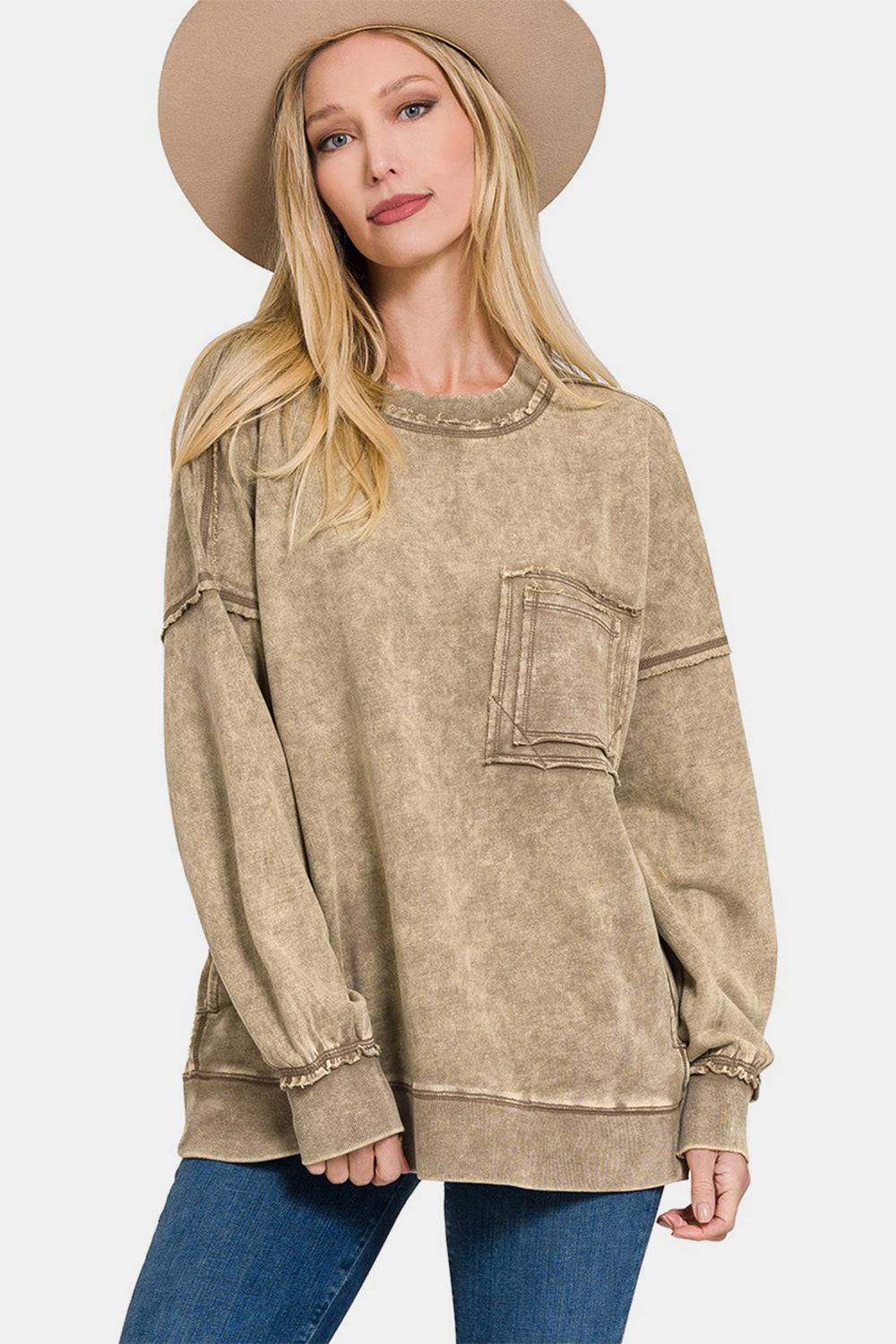 Zenana Exposed Seam Round Neck Dropped Shoulder Sweatshirt - EkaVibe