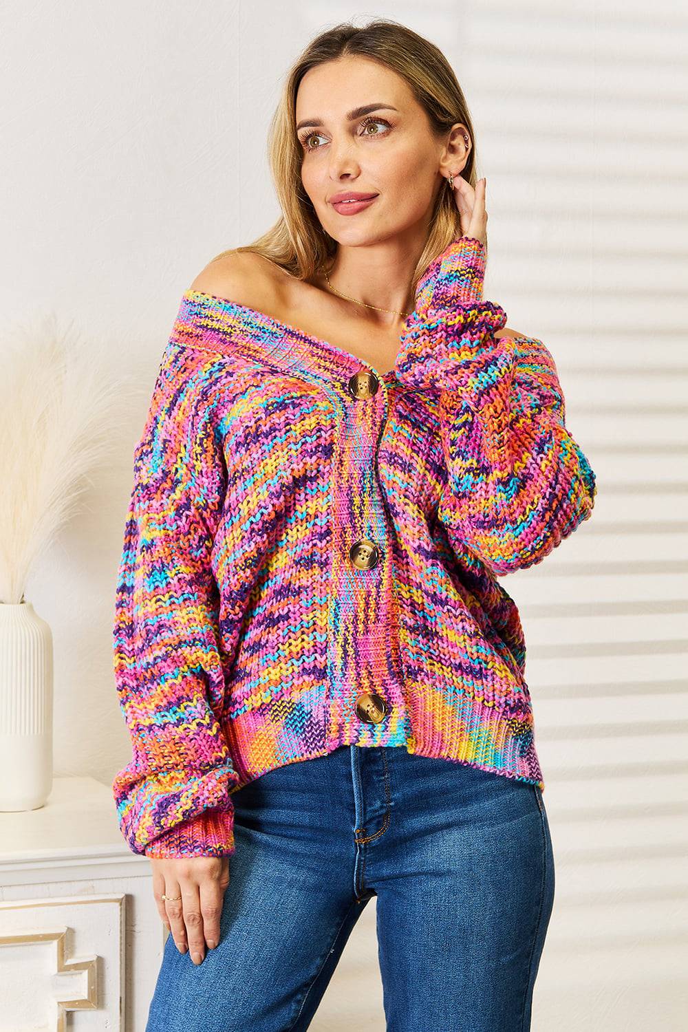 Angel Wings Woven Right V-Neck Long Sleeve Cardigan - EkaVibe