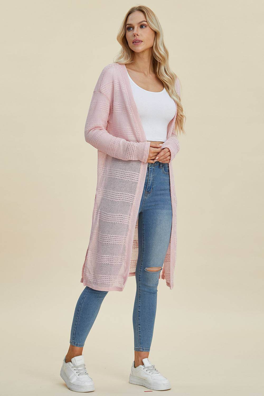 Double Take Full Size Open Front Longline Cardigan - EkaVibe