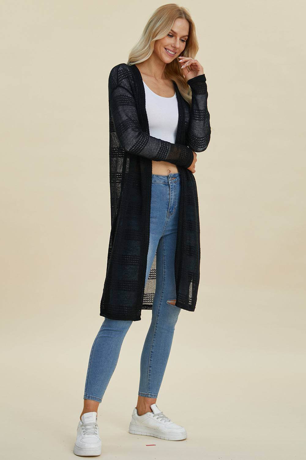 Double Take Full Size Open Front Longline Cardigan - EkaVibe