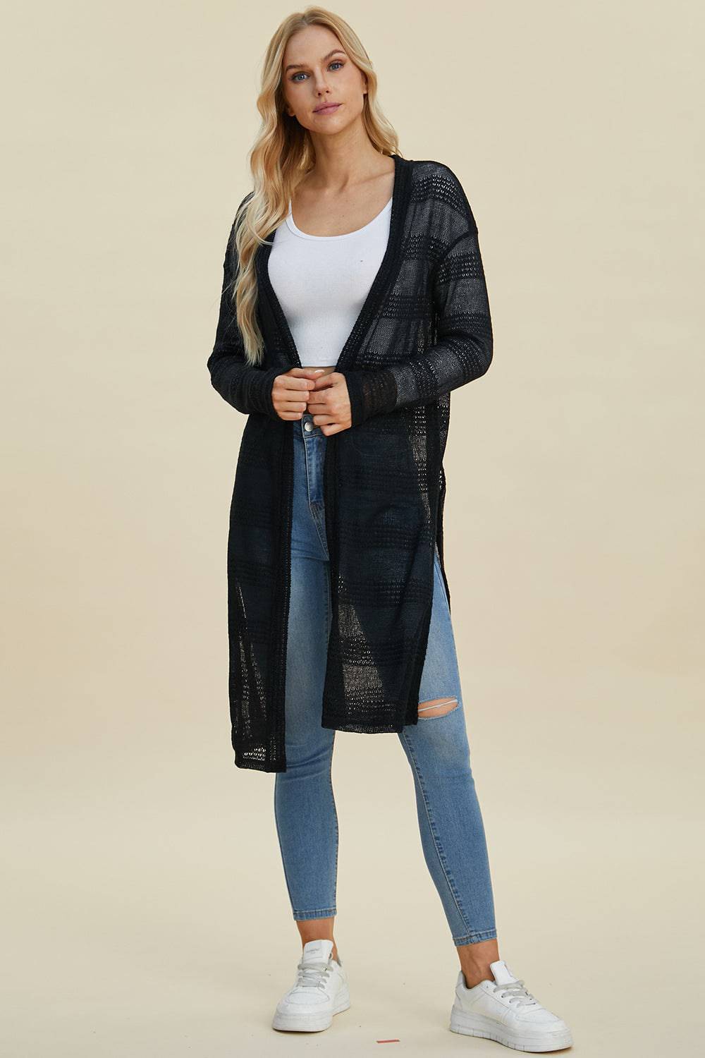 Double Take Full Size Open Front Longline Cardigan - EkaVibe