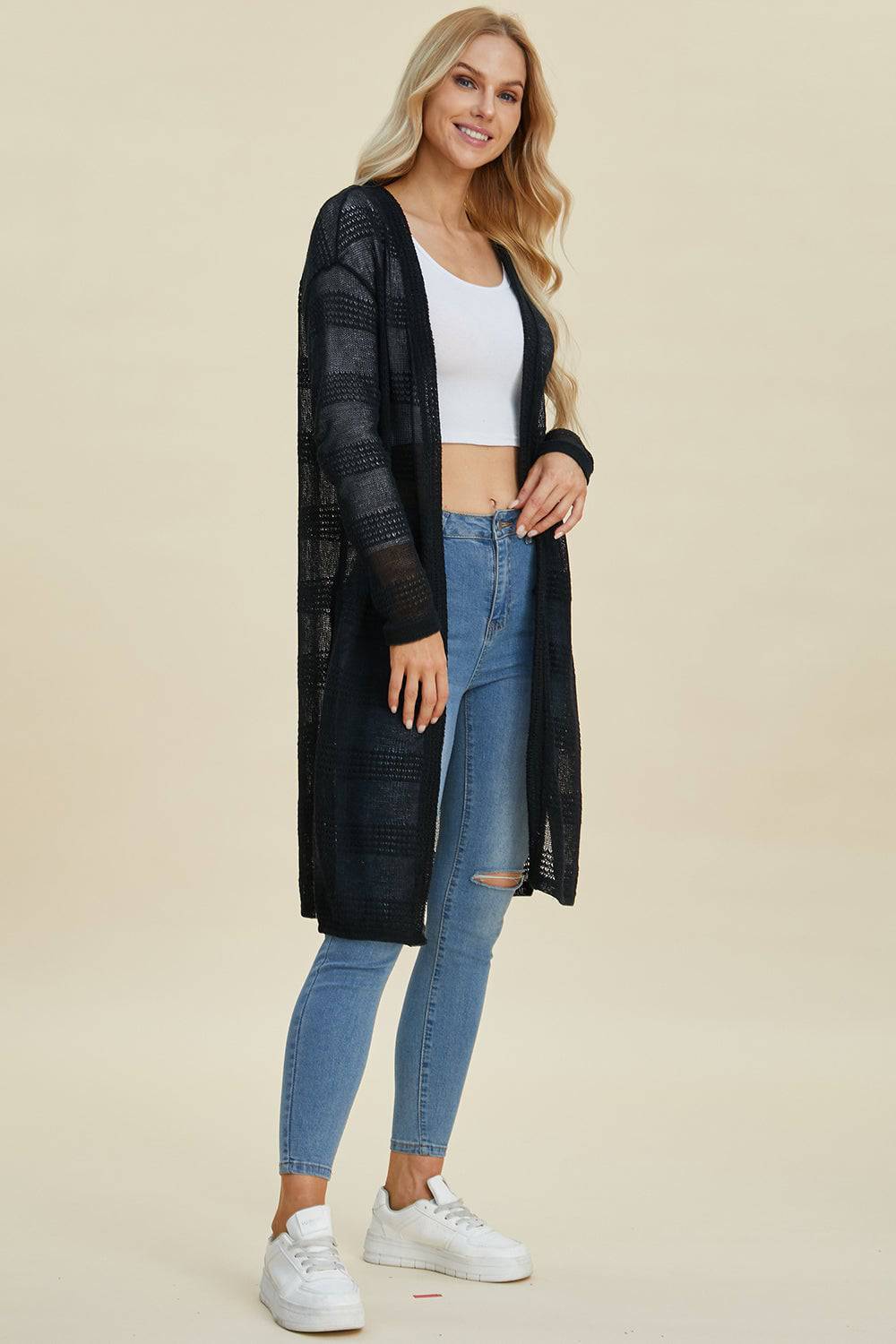 Double Take Full Size Open Front Longline Cardigan - EkaVibe