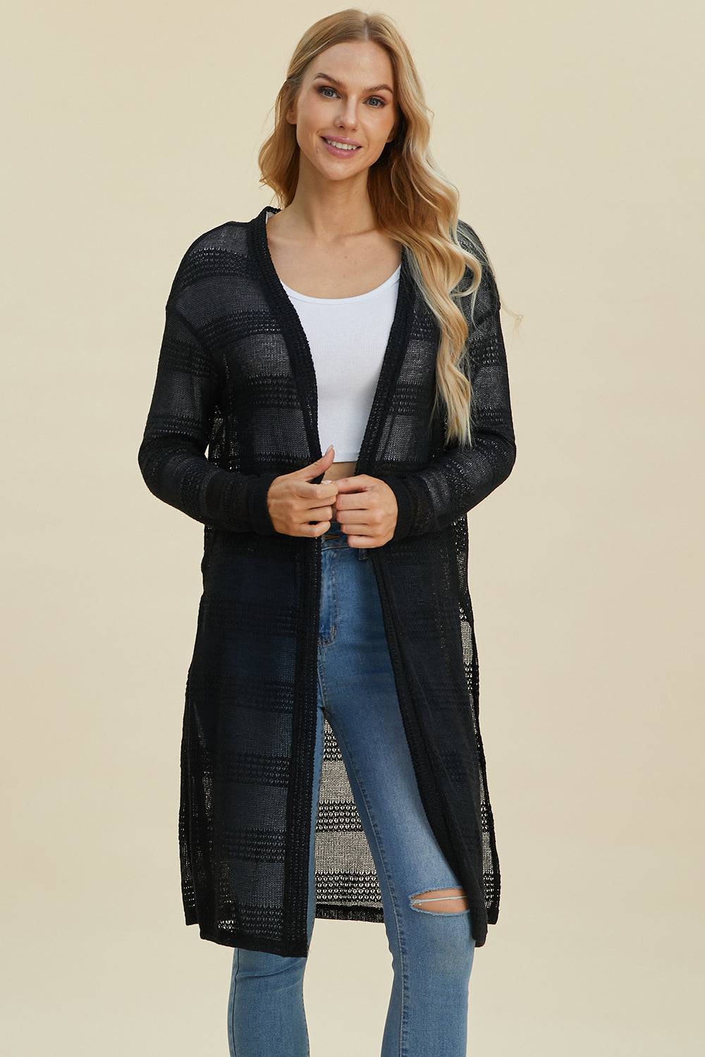 Double Take Full Size Open Front Longline Cardigan - EkaVibe