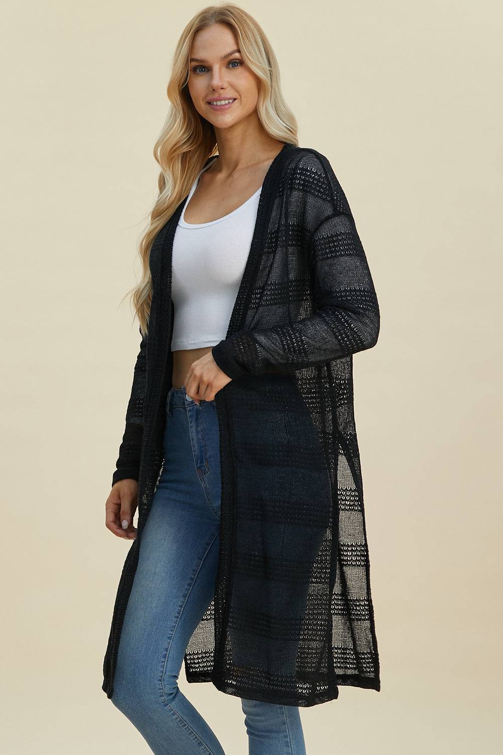 Double Take Full Size Open Front Longline Cardigan - EkaVibe