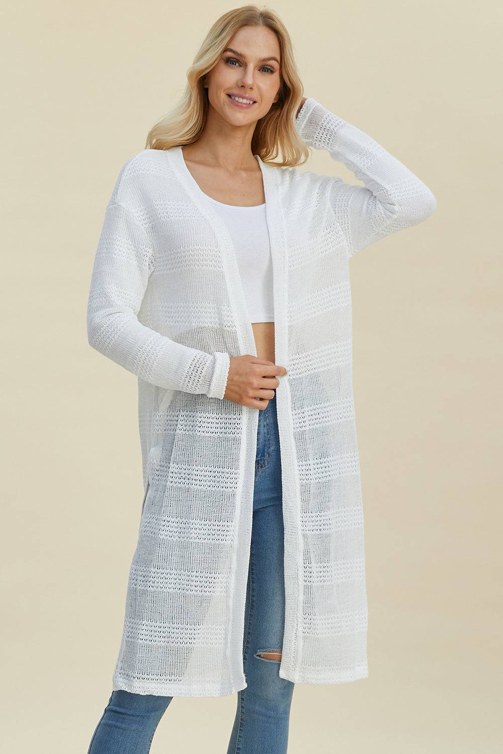 Double Take Full Size Open Front Longline Cardigan - EkaVibe