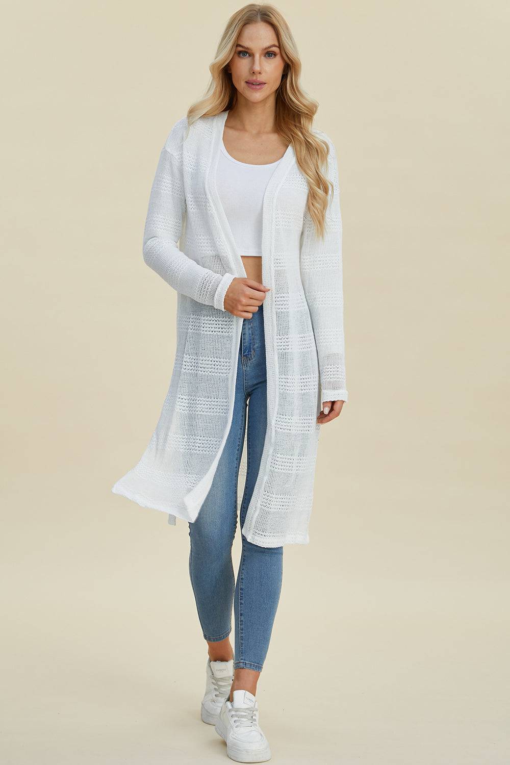 Double Take Full Size Open Front Longline Cardigan - EkaVibe