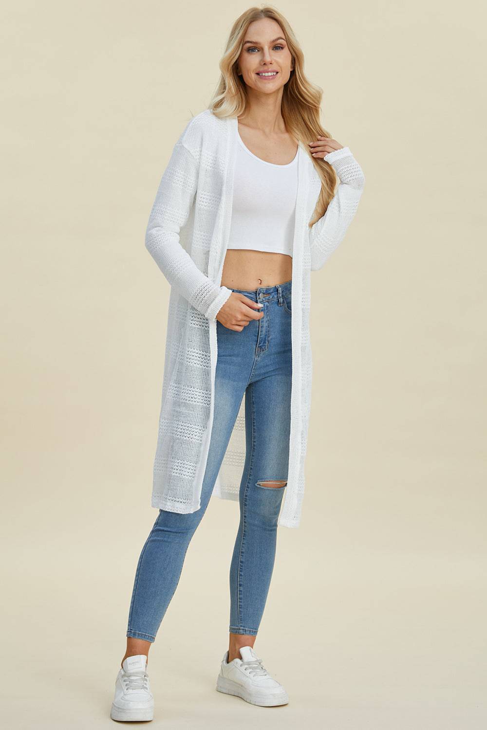 Double Take Full Size Open Front Longline Cardigan - EkaVibe