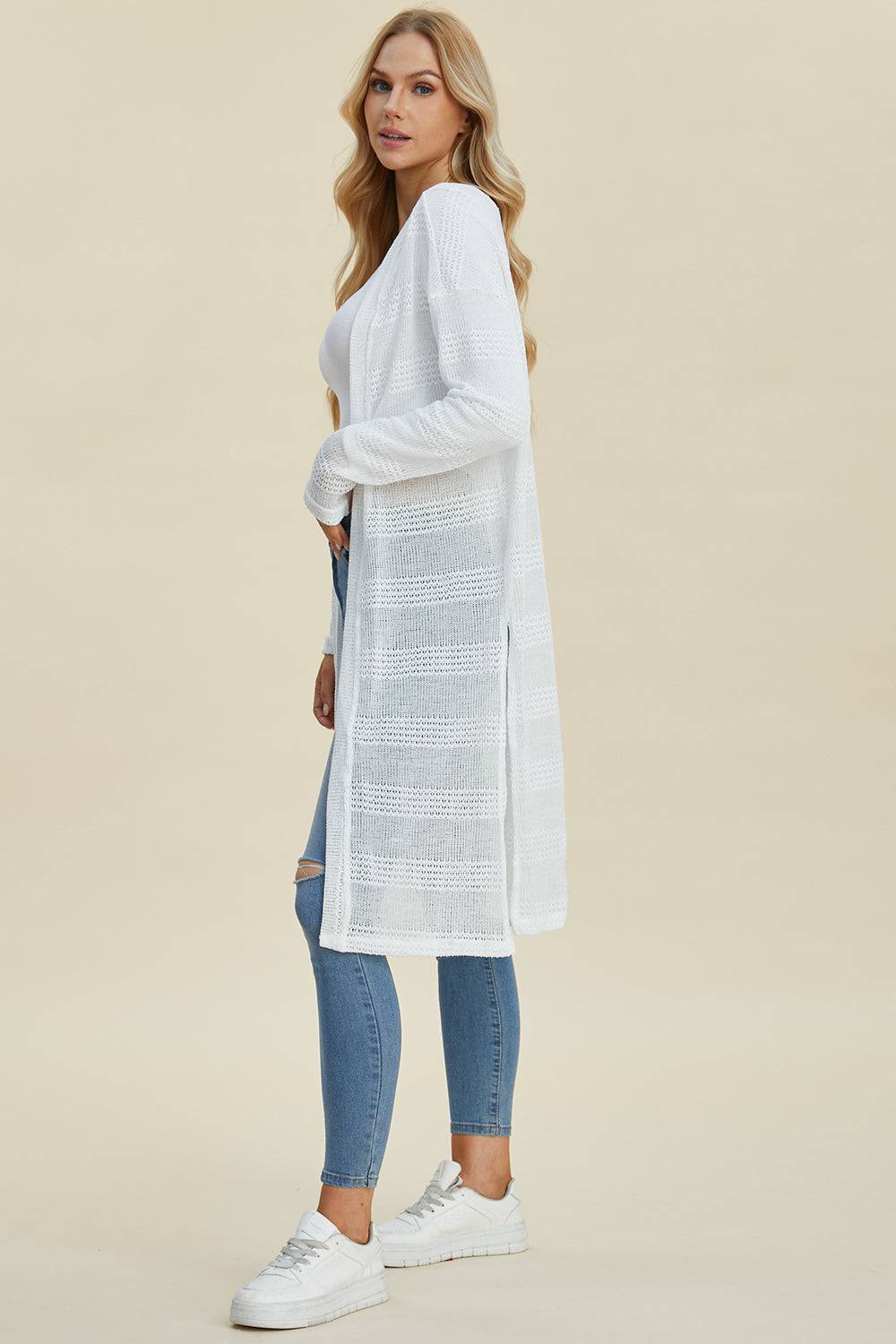 Double Take Full Size Open Front Longline Cardigan - EkaVibe