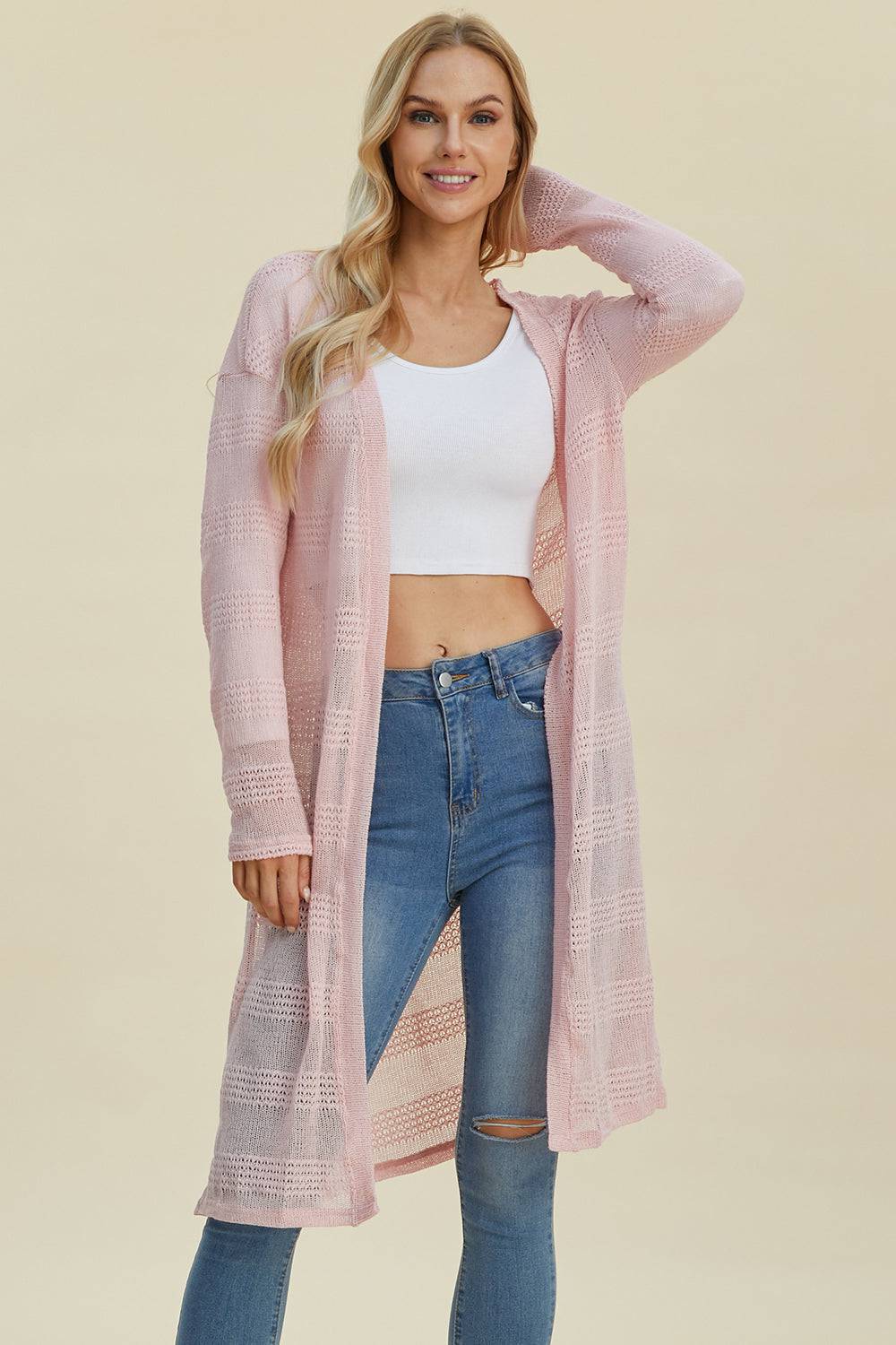 Double Take Full Size Open Front Longline Cardigan - EkaVibe