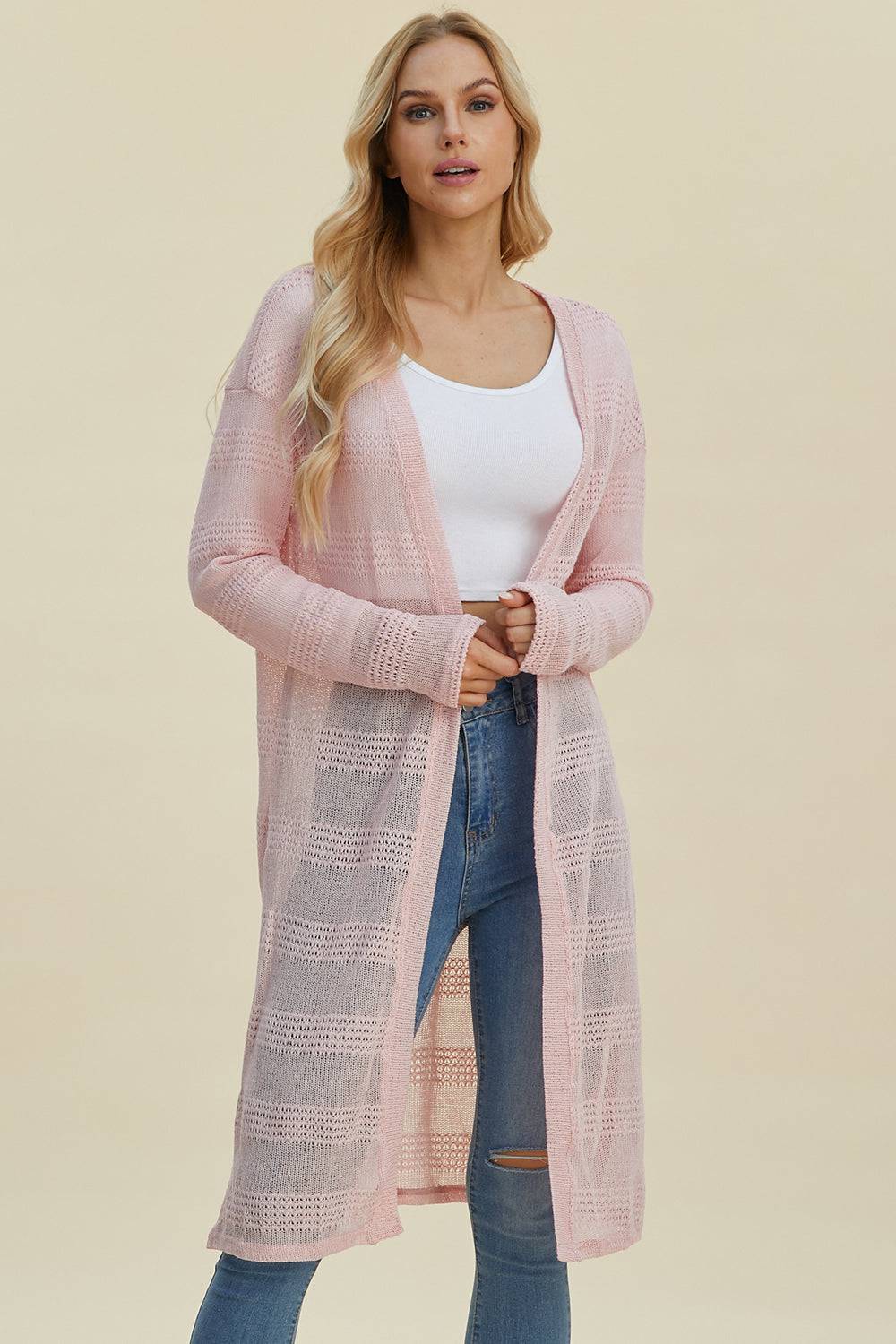 Double Take Full Size Open Front Longline Cardigan - EkaVibe