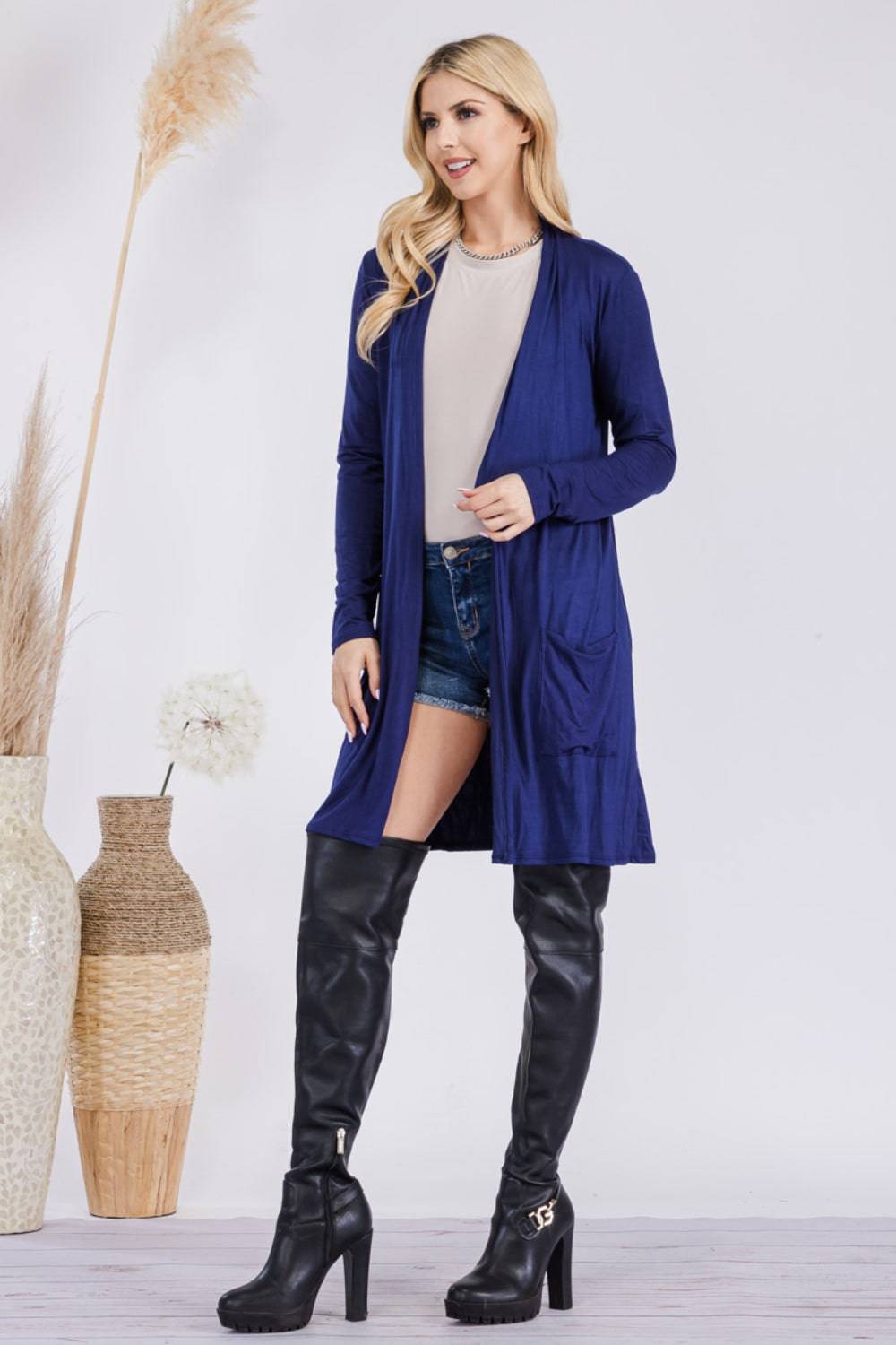 Celeste Full Size Open Front Cardigan with Pockets - EkaVibe