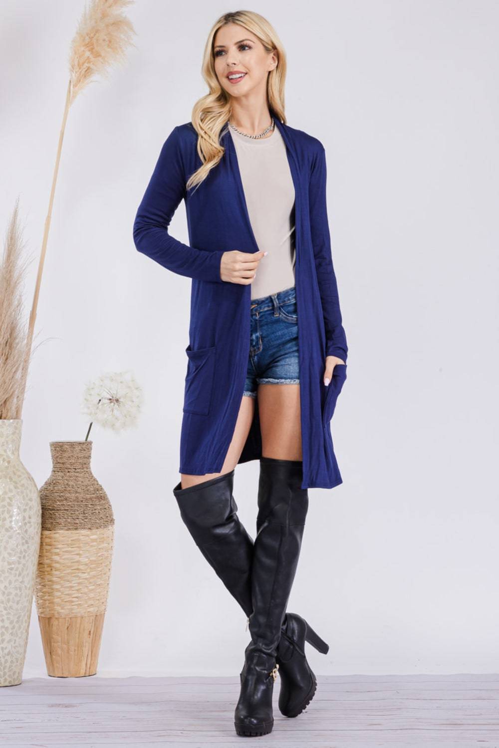 Celeste Full Size Open Front Cardigan with Pockets - EkaVibe