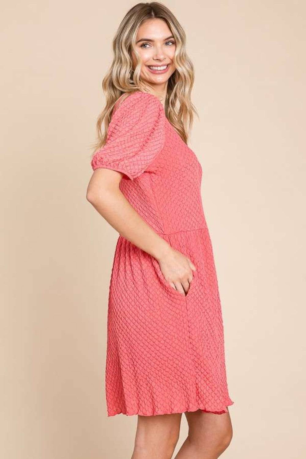 Culture Code Full Size Textured Round Neck Puff Sleeve Dress - EkaVibe