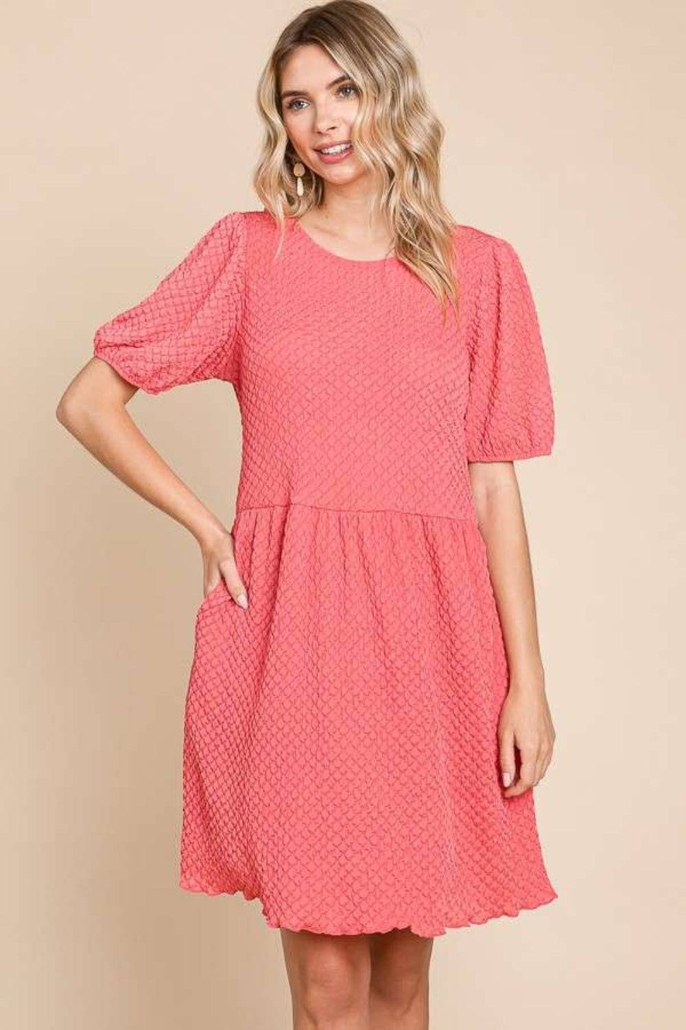 Culture Code Full Size Textured Round Neck Puff Sleeve Dress - EkaVibe