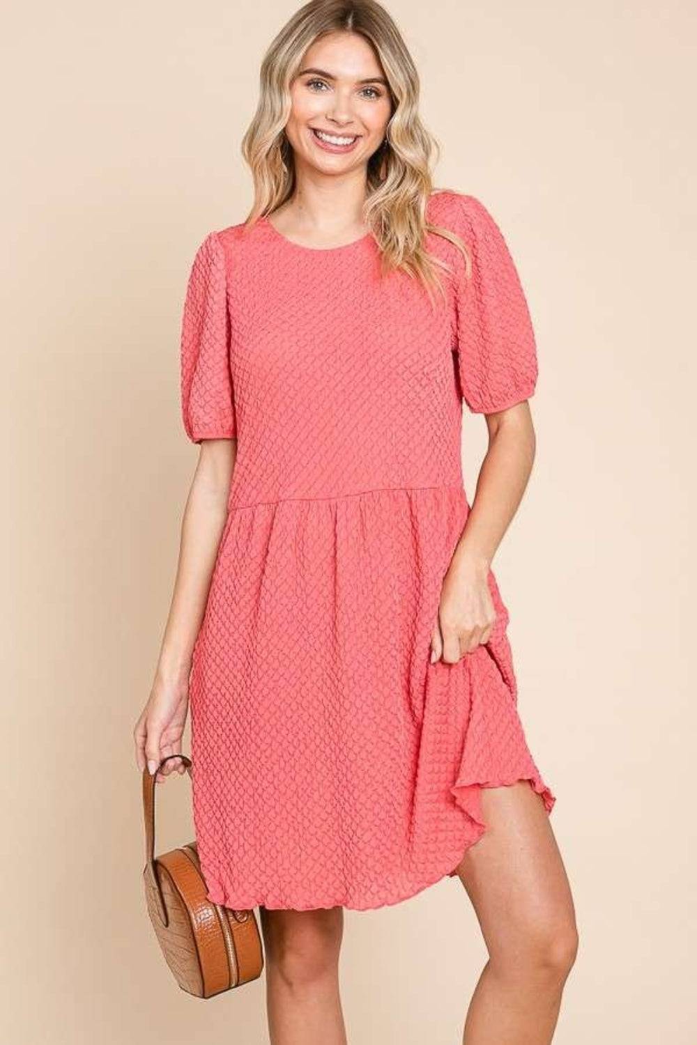 Culture Code Full Size Textured Round Neck Puff Sleeve Dress - EkaVibe