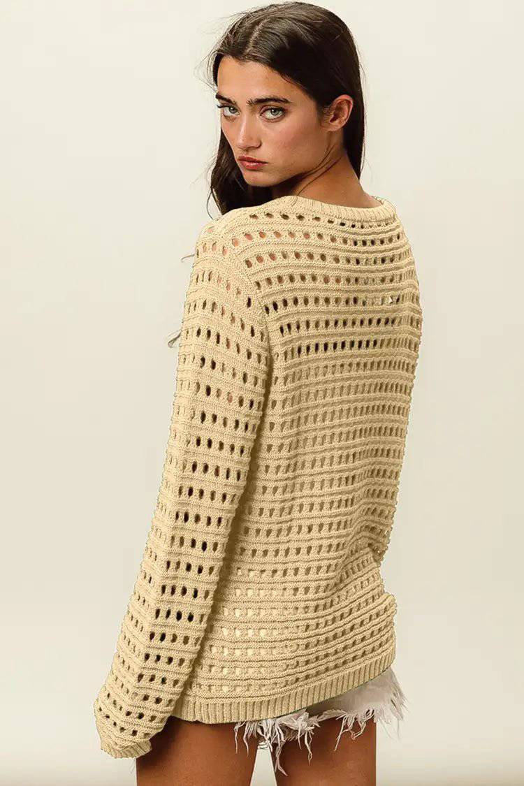 BiBi Round Neck Openwork Knit Cover Up - EkaVibe