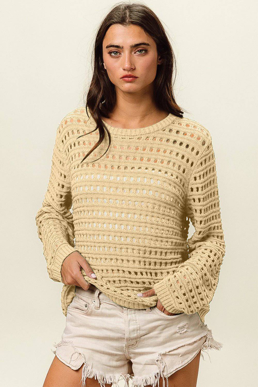 BiBi Round Neck Openwork Knit Cover Up - EkaVibe