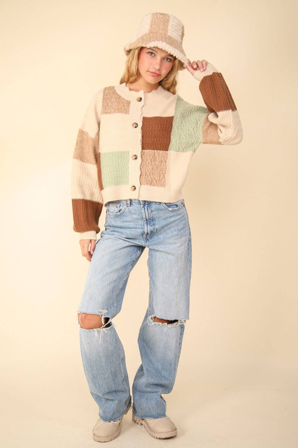 VERY J Color Block Button Down Textured Sweater Cardigan - EkaVibe