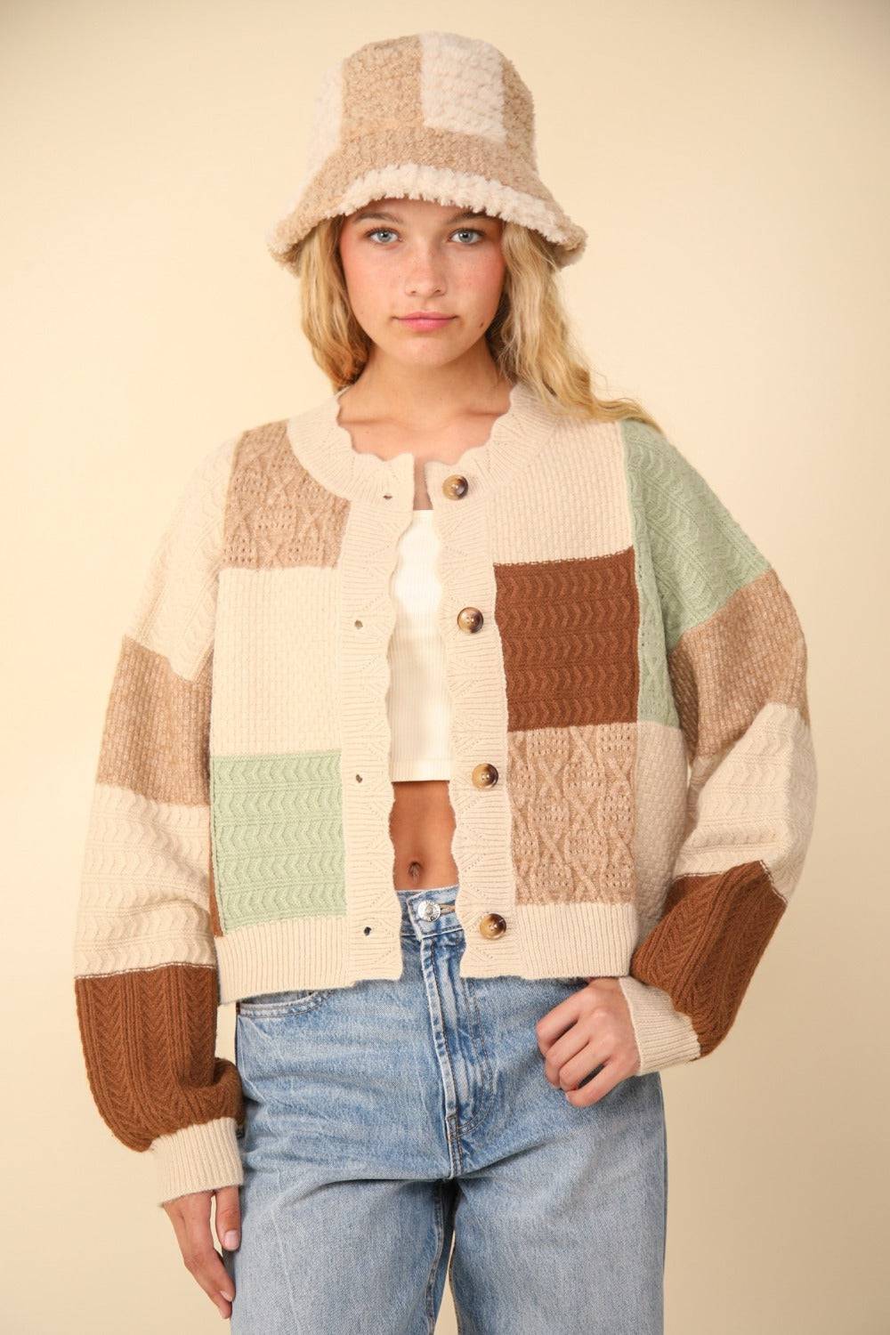 VERY J Color Block Button Down Textured Sweater Cardigan - EkaVibe