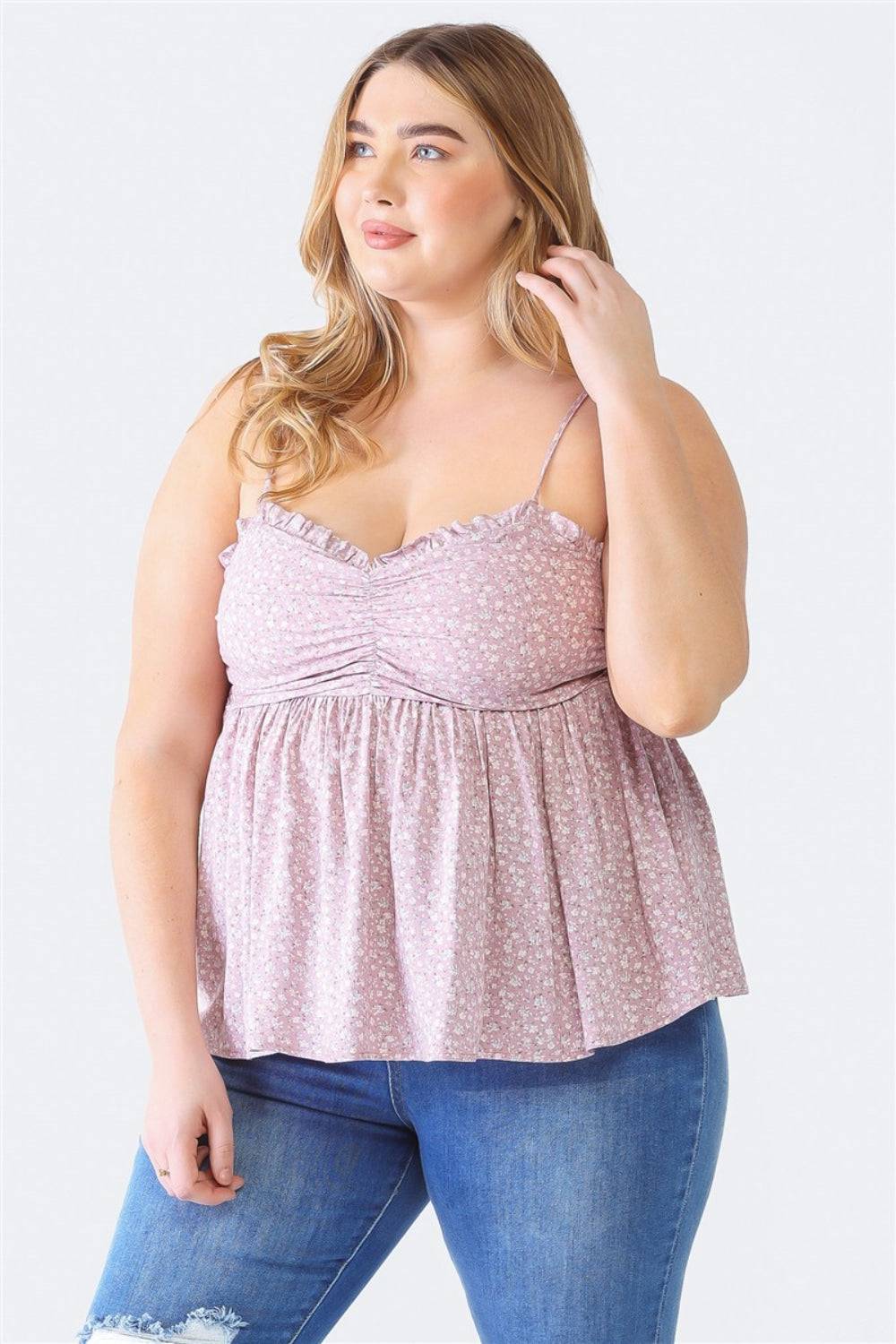 Zenobia Plus Size Frill Smocked Floral Sweetheart Neck Cami - EkaVibe