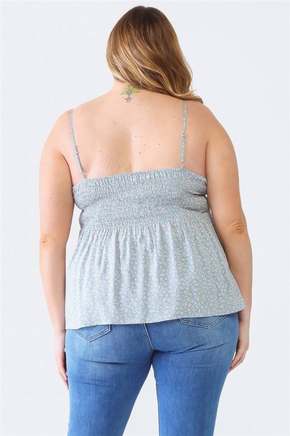 Zenobia Plus Size Frill Smocked Floral Sweetheart Neck Cami - EkaVibe