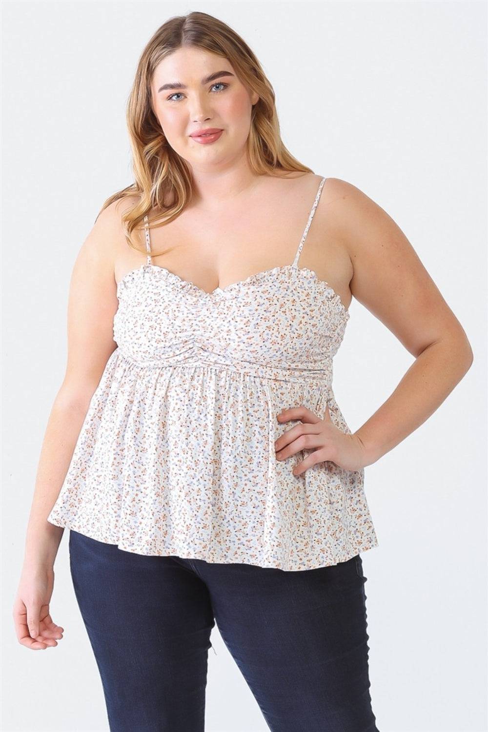 Zenobia Plus Size Frill Smocked Floral Sweetheart Neck Cami - EkaVibe