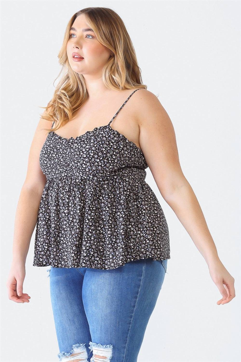 Zenobia Plus Size Frill Smocked Floral Sweetheart Neck Cami - EkaVibe