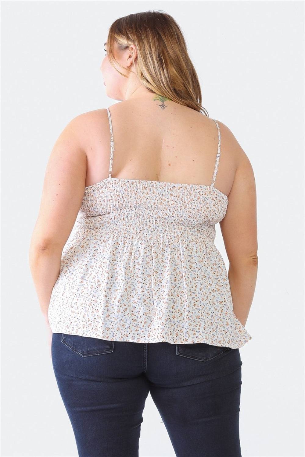 Zenobia Plus Size Frill Smocked Floral Sweetheart Neck Cami - EkaVibe