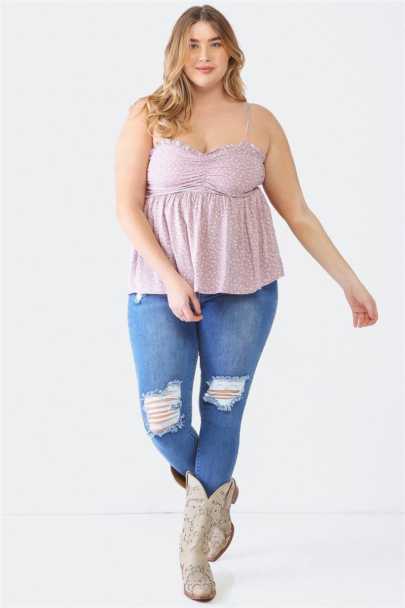 Zenobia Plus Size Frill Smocked Floral Sweetheart Neck Cami - EkaVibe