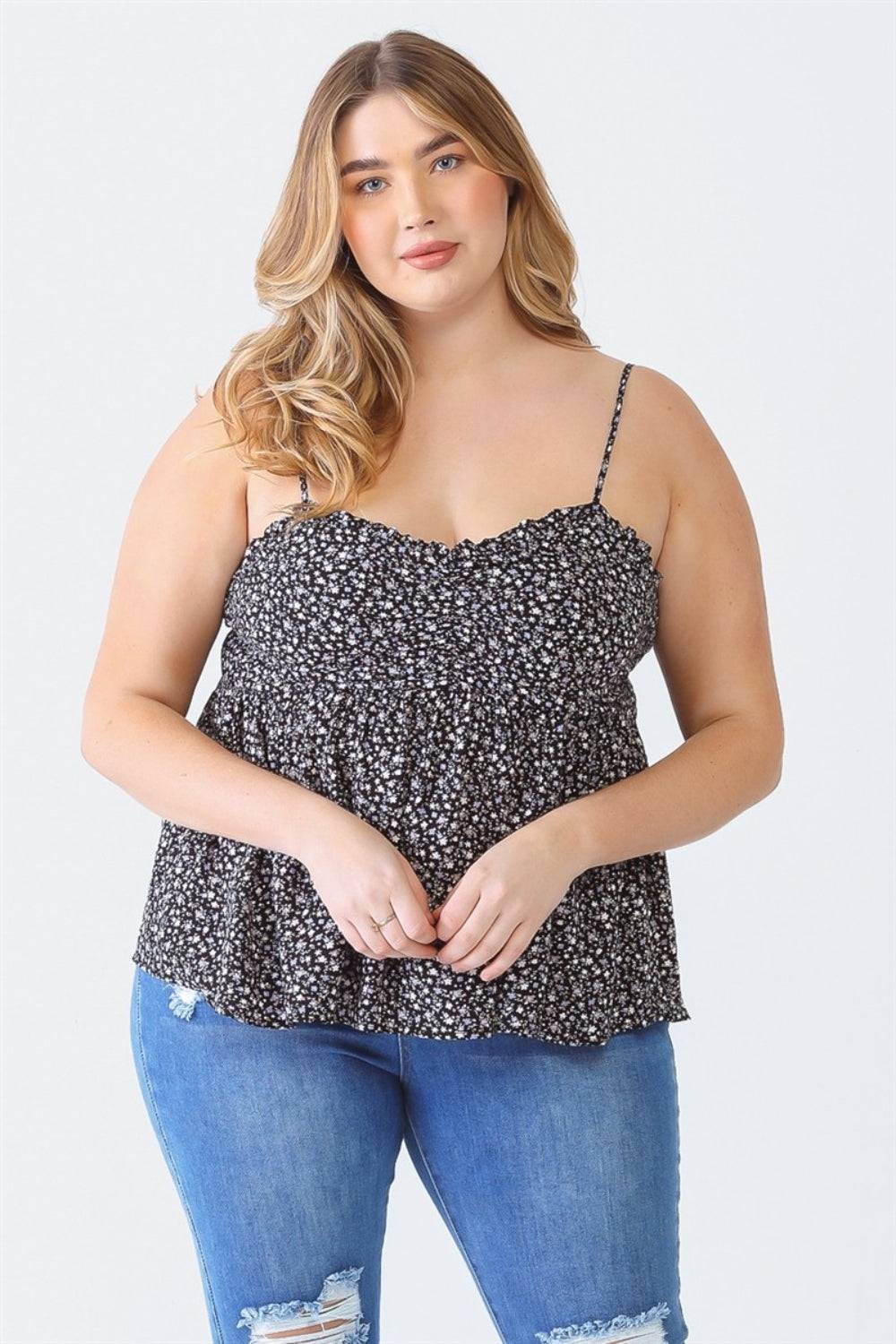 Zenobia Plus Size Frill Smocked Floral Sweetheart Neck Cami - EkaVibe