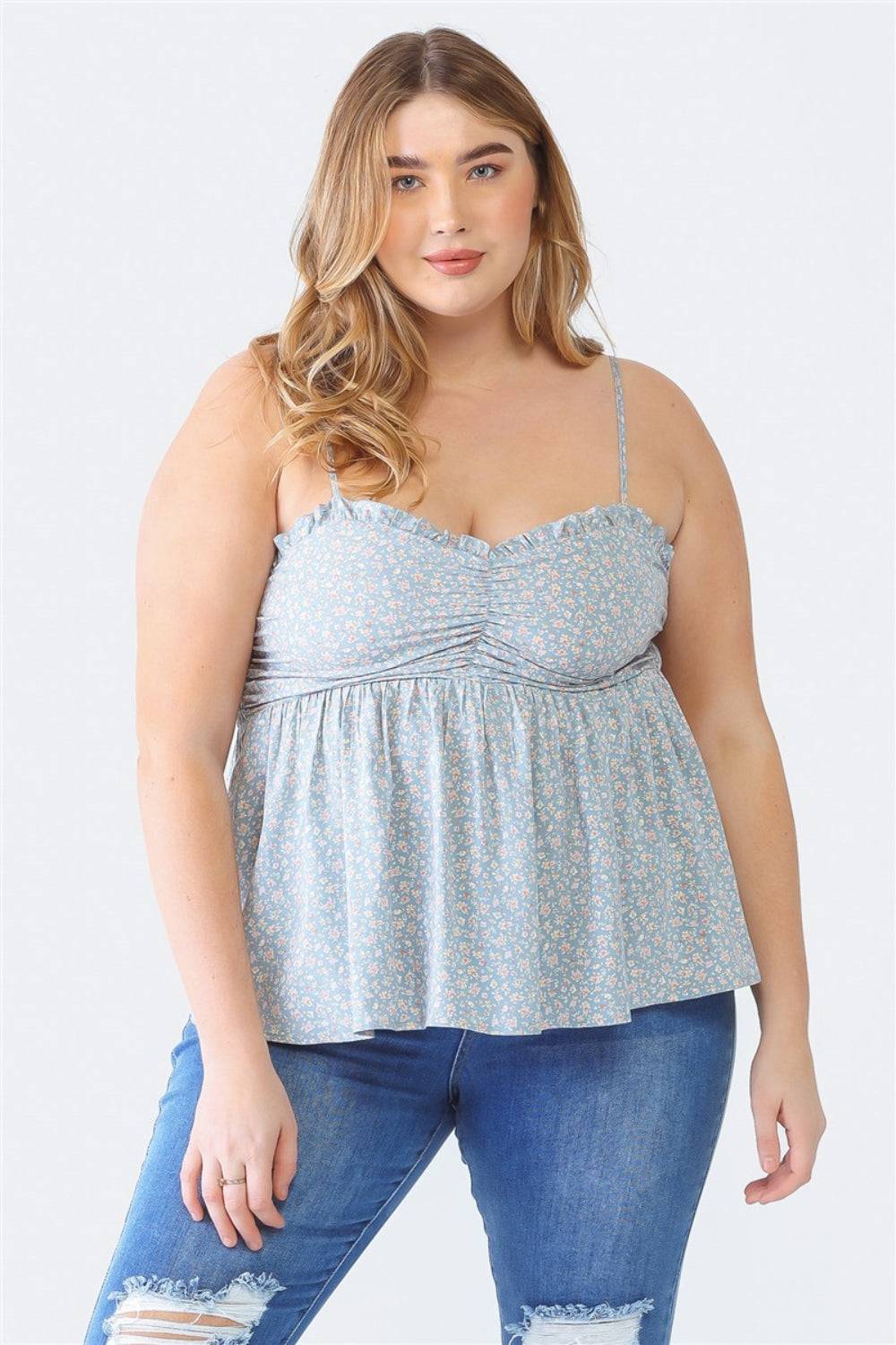 Zenobia Plus Size Frill Smocked Floral Sweetheart Neck Cami - EkaVibe