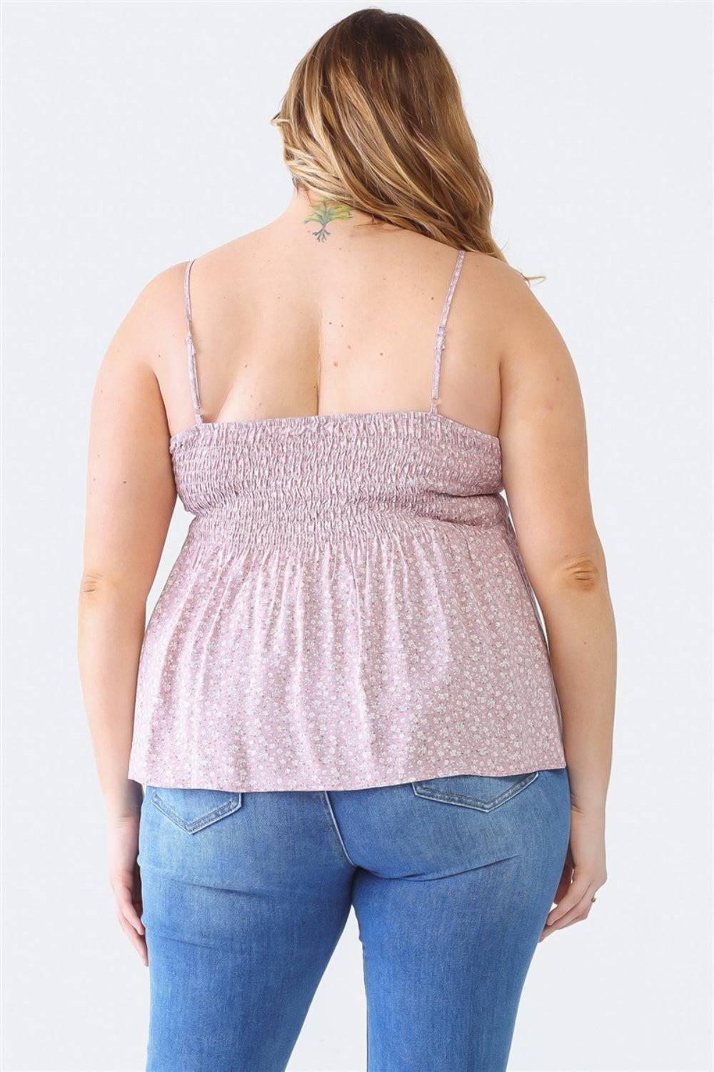 Zenobia Plus Size Frill Smocked Floral Sweetheart Neck Cami - EkaVibe