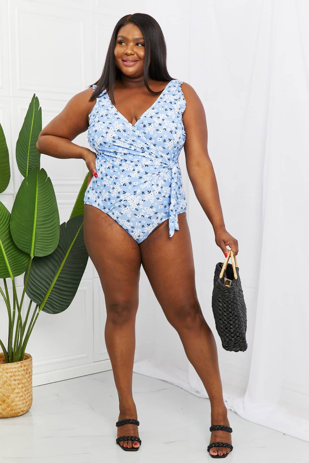 Marina West Swim Full Size Float On Ruffle Faux Wrap One-Piece in Blossom Blue - EkaVibe