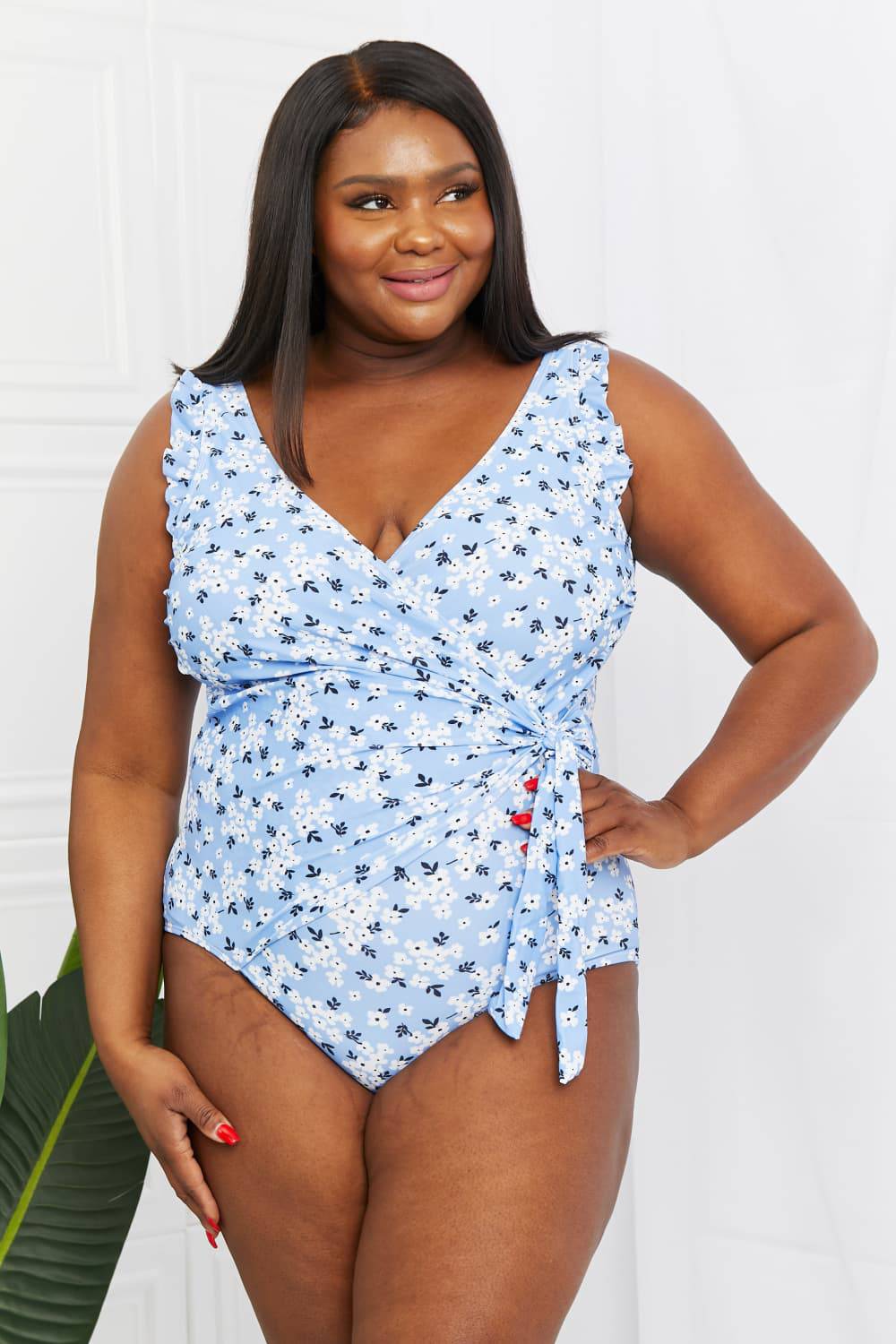 Marina West Swim Full Size Float On Ruffle Faux Wrap One-Piece in Blossom Blue - EkaVibe